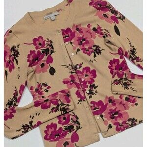 Old Navy Button Front Fitted Brown & Pink Floral Cardigan Sweater Size Small